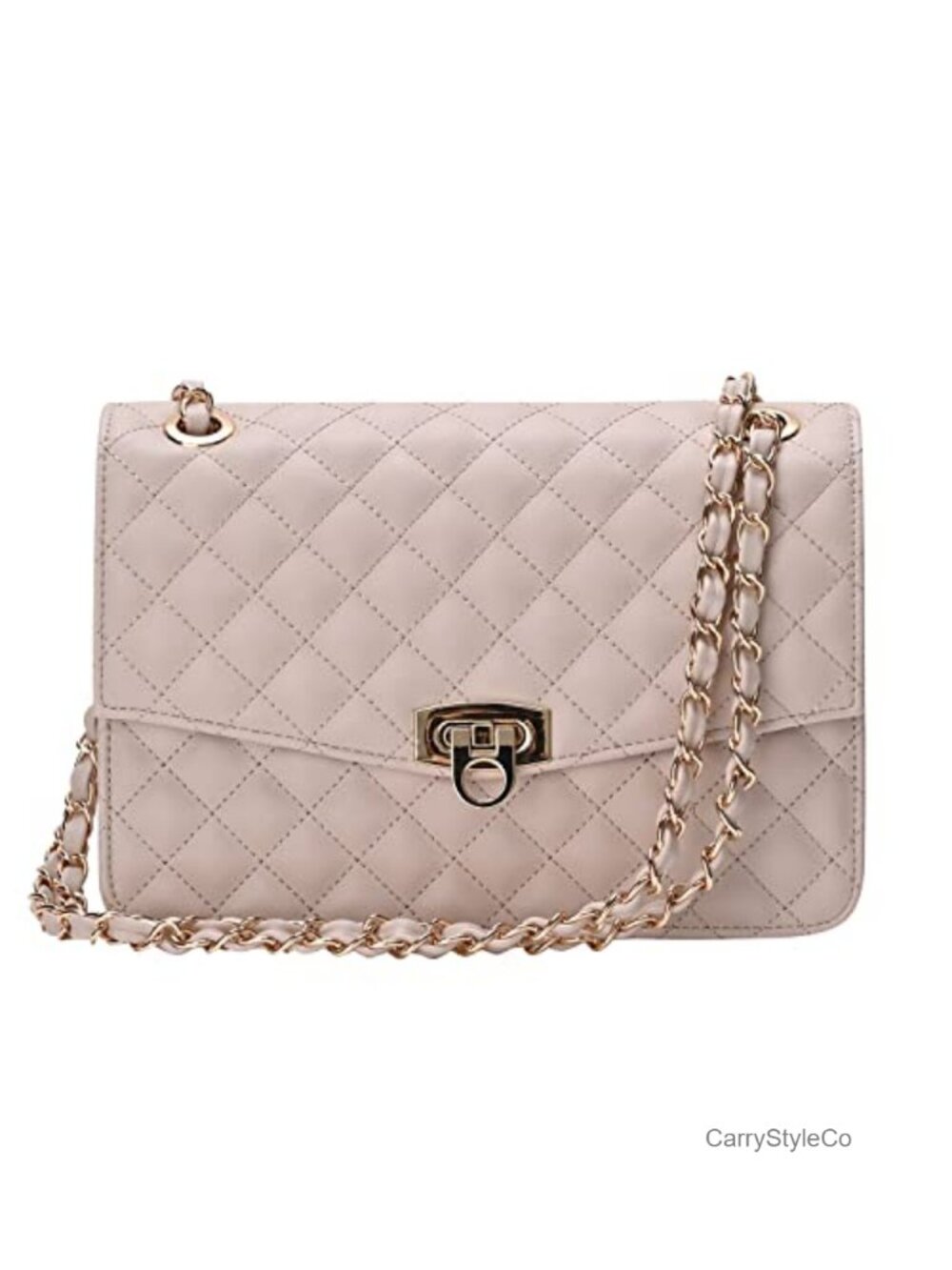 Quilted Vegan Leather Crossbody Bag with Chain Strap Anti-Theft Buckle